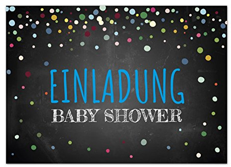 8 x Einladung Baby Shower Party/Einladungskarten mit Umschlag im Set/Motiv: Konfetti Look bunt - blau Junge/Babyparty Karte/Postkarte /