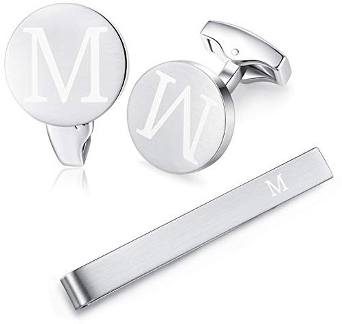 HONEY BEAR manschettenknöpfe & krawattennadel Set Initialen Buchstabe Herren Edelstahl Hochzeit Cufflinks Manschettenknopf Silber，A-Z,MEHRWEG (M)