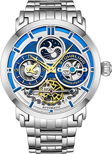 Stuhrling Original Herrenuhr Edelstahl Automatik, Skelett Zifferblatt, Dual Time, AM/PM Sun Moon, Edelstahlarmband, 371B Uhren für Herren Serie (Blue)