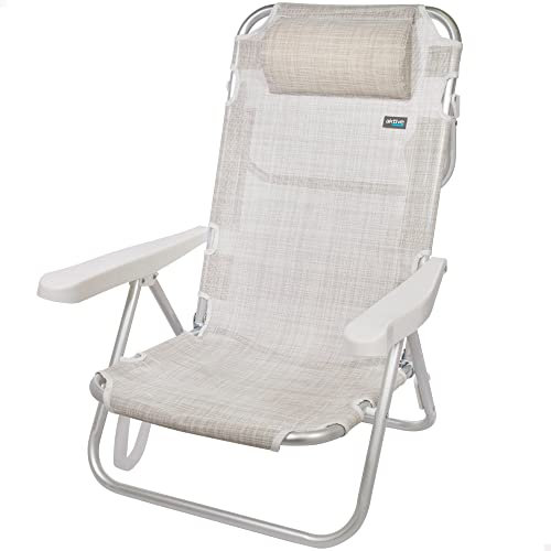 Sol-strandstol, multipositionsstol, 5 positioner, sitthöjd 21 cm, 48 x 46 x 84 cm, med bärhandtag, beige, aktiv strand
