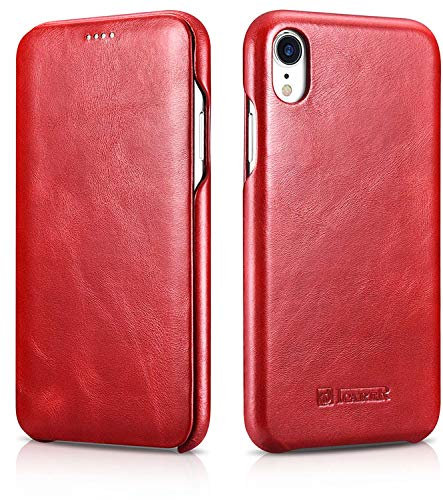 ICARER Case Suitable for Apple iPhone XR (6.1 inch), Mobile Phone Case with Genuine Leather, Protective Case, Foldable, Thin Mobile Phone Pocket, Slim Cover, Vintage Red