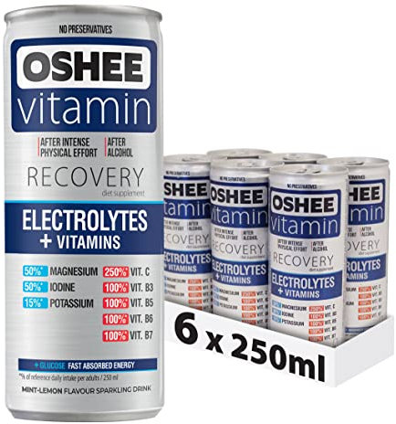 Oshee Vitamin Energy Formula Recovery Drink – 250ml (Pack of 6) – Mint-lemon flavour sparkling drink with addition of vitamins and minerals. Contains sugar and sweetener. Pasteurized