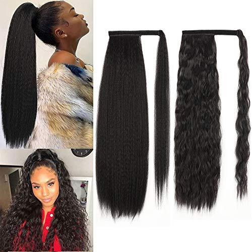 YEESHEDO 2 pièces noire postiche de queue de cheval de extensions longue naturelle ondulée pour femmes, vague de maïs de poche et queue de cheval Kinky Curly Yaki, pâte magique enveloppante autour