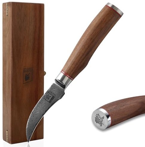 zayiko Kurumi Damastmesser Schälmesser I 8 cm Klinge aus 67 Lagen I Damast Küchenmesser & Profi Kochmesser aus echtem Damaststahl mit Griff aus Nussbaum & Holzbox