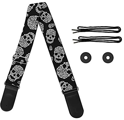 Jeiento Gitarrengurt mit Totenkopf-Motiv, aus Leder, akustisch, stabil und bequem zu verwenden, für Gitarre, Bass, verstellbare Länge