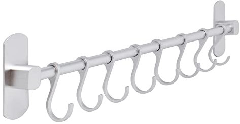 joeji's Kitchen Utensil Rack 40cm - Aluminium Kitchen Rail with 8 Hanging Hooks - Wall Mount Strong 3M Self Adhesive - No Drill Space-Saving Tool Holder - Silver