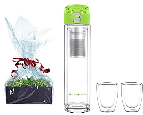 tea4chill Tee Geschenk Set, Teeflasche mit Sieb to go, Trinkflasche aus doppelwandigem Glas 400ml grün + Neoprenhülle + 2 Teecups