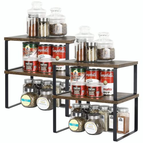 LIANTRAL Schrank Organizer Küche, Küchenregal, Gewürzregal, 4er Set | Küchen-Organizer, Erweiterbar & Stapelbar, Metall & Holz, kleines Regal für Küche, Badezimmer, Braun und Schwarz