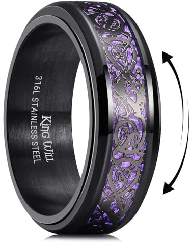 King Will 316L Stainless Steel Spinner Fidget Ring for Mens- 8mm Fidget Stress Relieving Anxiety Ring with Black Celtic Dragon Purple Carbon Fiber Inlay, Comfor Fit Wedding Band Ring Size 7