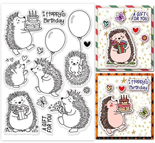 GLOBLELAND Igel und Geburtstag Klare Stempel für DIY Scrapbooking Dekor 5.83x8.27 Zoll Feier Tiergeburtstagstorte Schmetterlingsballon Transparente Silikonstempel zum Erstellen von Karten Fotoalbum