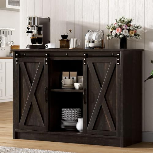 Buffet Cabinet with Storage and Sliding Barn Doors, Farmhouse Coffee Bar Cabinet with Adjustable Shelves, Kitchen Sideboard Storage Cabinet Cupboard Credenza Buffet Table for Dining Room, Espresso