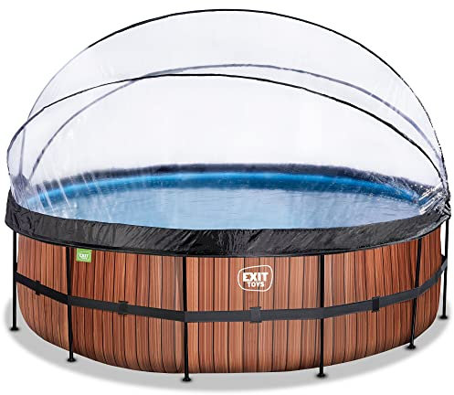 EXIT Toys Wood Pool with Multifunctional Cover - ø488x4ft - Large, Round Frame Pool with Sand Filter Pump and Pool Ladder - Extra Deep Pool - For Clean and Warm Pool Water - Brown