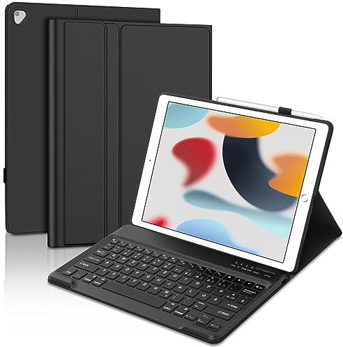 JADEMALL Für iPad Pro 12.9 Hülle mit Tastatur für 2015/2017 (1./2. Gen) – Deutsches Layout, Abnehmbare Bluetooth Keyboard Case, Schlank Design, Schwarz