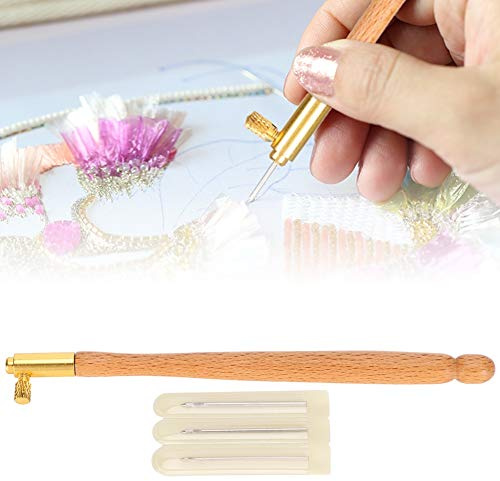 Pssopp Tambour Hook Kit Holzstickerei Perlen Nadel Werkzeuge mit 3 Nadeln (0,7 Mm - 1 Mm - 1,2 Mm) Zum Sticken von Pailletten und Perlen (Französische Sticknadeln aus Holz)