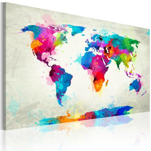 B&D XXL - Akustikbild bunte Weltkarte Bilder Akustikschaum Hochleistungsschallabsorber Schallschutz Leinwand 1 tlg Wandbild Raumakustik Schalldämmung Landkarte World Map Abstrakt