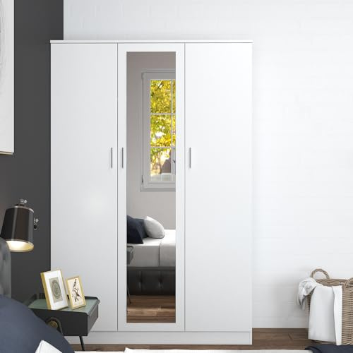 Panana 3 Doors Mirrored Wardrobe for Bedroom Bedroom Furniture Robe with 6 Storage Compartments, Hanging Rail, 115.4 x 50 x 180 cm (White)