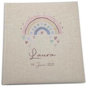 Tenii® Fotoalbum personalisiert Baby, Kind Regenbogen Herzen Leinen, Erinnerungsalbum (25x25cm - 60 Seiten)
