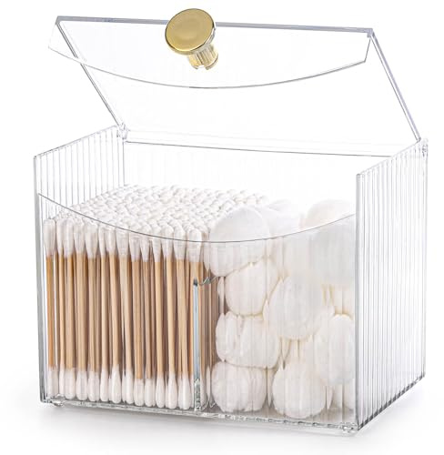 acDesign 2 Slot Qtip Holder Dispenser Rectangle Cotton Ball and Swab Holder Organizer with Lid Clear Bathroom Organizer Jar for Bathroom Vanity