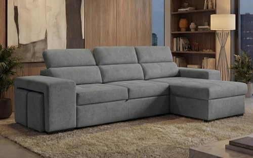 BUDWING John Sofá Cama Esquinero 4 Plazas - Chaise Longue Reversible, Reposacabezas Ajustable y 2 Pufs – Tapizado en Poliéster – Estilo Moderno – 263x161x96 cm – Gris Claro