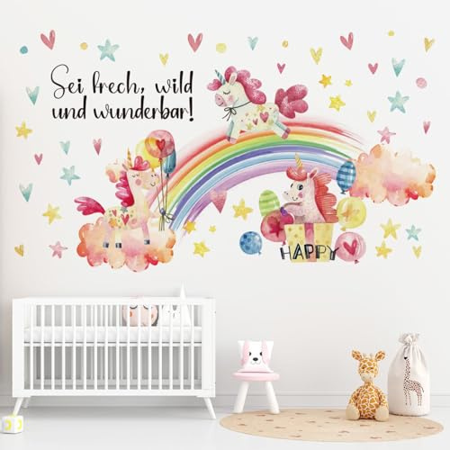 Wandtattoo Regenbogen Einhorn - Wandaufkleber Wolken mit Spruch - sei frech und wild und wunderbar - Wandsticker Wanddeko Geschenk für Mädchen Babyzimmer Kinderzimmer Schlafzimmer