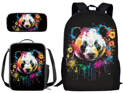 Poceacles Schulrucksack-Set für Kinder, 3-teiliges Set, für Jungen und Mädchen, Büchertasche mit Lunchbox, Federmäppchen, lässiger Tagesrucksack-Set, Farbspritzer, Panda, Einheitsgröße