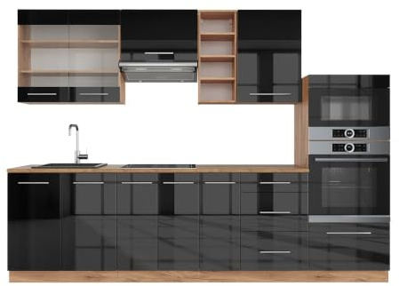 Vicco Küchenzeile Fame-Line, Anthrazit Hochglanz/Goldkraft Eiche, 280 cm | 9 Module · Höhenverstellbare Füße · AP Eiche inkl. · MDF-Fronten · Softclose · Metallgriffe