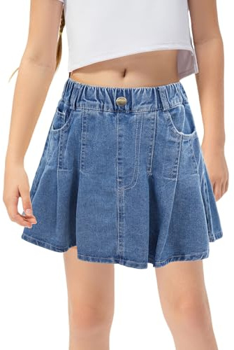 FEOYA Kids Girls Denim Skirt Elastic Waist Casual Jean Skirt Summer A Line Denim Skirt Blue Pleated Stretch Skirt Breathable Soft Baggy Skirt with Pockets for 5-14 Years