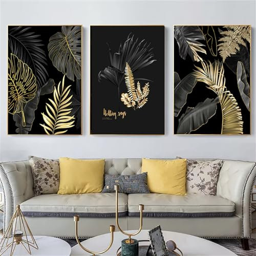3 Bilder-Set Abstraktes Schwarzes Blattgold Leinwandgemälde Nordische Pflanzenposter Und Drucke Wandkunstbilder für Wohnzimmer Küche Büro Zimmer Heim Dekoration-50*70Cm=20*27 Zoll (Ohne Rahmen)