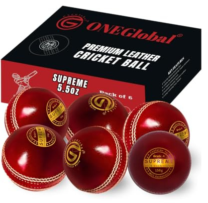 ONEGlobal Supreme - Pelota de críquet de piel auténtica | Pelota de cuero con costura cosida a mano | Pelotas duras de calidad a juego para partidos de clubes y ligas (Senior 5.5 onzas, juniors 5.5