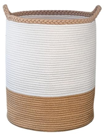 Cesto Ropa Sucia Tejida de Algodón, 57 L, Cesta Ropa Sucia con Asas, Cestas Almacenaje para Mantas, Juguetes, Habitación Infantil, Salón, Lavadero, Baño, Laundry Basket, 38x50 cm. (Blanco y Camel)