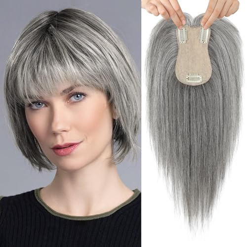Flufymooz 100 % Echthaar-Topper, 30,5 cm, Echthaar-Topper für dünner werdendes Haar, großer handgewebter Bereich, 360°-Abdeckung, natürliches Haarteil für Damen, 12,7 x 7,6 cm, Seidenbasis (Silbergrau