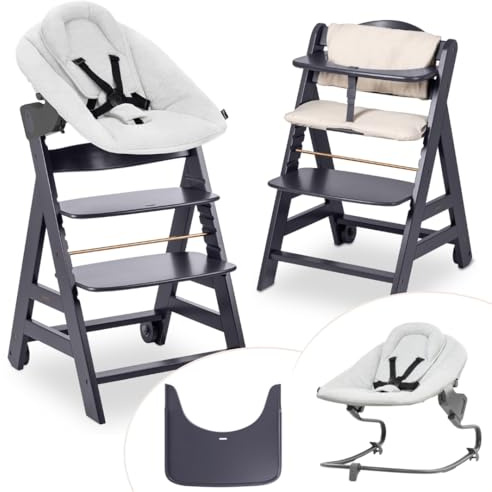 hauck Beta+ Hochstuhl Newborn Set mit Premium Bouncer - Dark Grey | Mitwachsender Holz Kinderhochstuhl mit Rollen ab Geburt bis 90 kg | inkl. Neugeborenenaufsatz, Essbrett & Sitzkissen