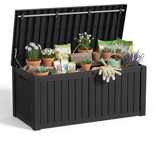 MAIUSCOLI 150 Gallon Outdoor Storage Box Waterproof Outside Resin Deck Box, Lockable Storage Bin for Patio Furniture,Garden Tools,Cushions,Pool Accessories(Black)
