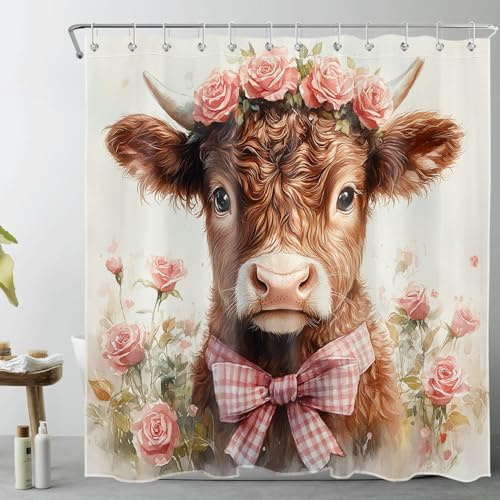 LB Süße Kuh Duschvorhang 180x200cm Rosa Rose Blume Grüne Pflanzen Antischimmel Wasserdicht Badezimmer Vorhänge,Bauernhaus Braunes Tier Extra Lange Polyester Stoff Bad Vorhang mit Haken