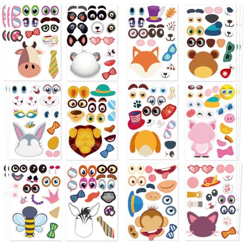 36PCS Tier Aufkleber Kinder, Make-a-Face Aufkleber, DIY Sticker Set, Tiersticker, Klebebilder für Kinder, für Mitgebsel Kindergeburtstag (A)