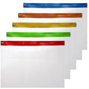 AIBULO Pack of 5 A3 Size Zipper File Folders – Transparent Plastic Pouches with Brightly Coloured Zips – Large A3 Document Wallets for Filing, Art Portfolios, Office, School & Home Organisation
