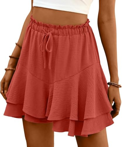 ABINGOO Short Femme Été Plage Chic Elastique Taille Haute Shorts Volants Couleur Unie Décontracté Jupe Courte avec Cordon(Orange,S)