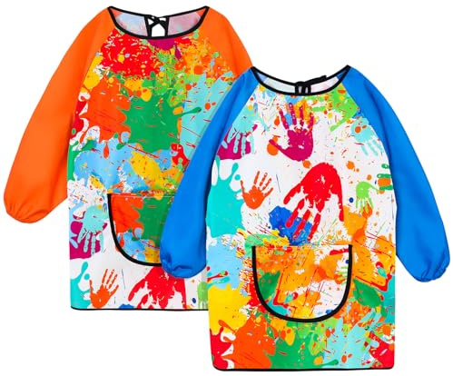 Halinuia Grembiule da pittura per bambini, 2 pezzi, impermeabile, per bambini da 3 a 8 anni, maniche lunghe con tasche per attività scolastiche, pittura e colorare