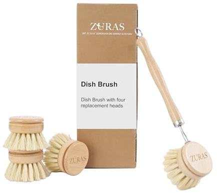 ZURAS Spülbürsten-Set mit 4 Ersatzköpfen, Naturborsten, Holzgriff | natürliche, kratzfreie Geschirrspülbürsten für Pfannen & Töpfe, langlebig & robust