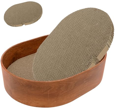 harupink Kratzpappe für Katzen, 2 in 1 Holz Ovales Katzenkratzbox mit 3 Kratzbrettern,41×31×10 cm,Wellpappe Katzen Kratzbrett,Recycelbar katzenkratzbretter für die natürliche Krallenpflege
