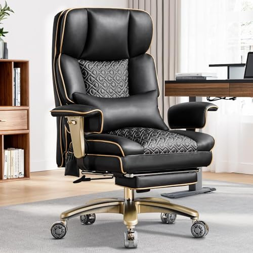 Chaise De Bureau Ergonomique Avec Accoudoirs Réglables Et Soutien Lombaire, Chaise De Direction Robuste En Cuir, Grande Et Haute, Supportant Jusqu'à 230 Kg, Avec Siège Réglable En Hauteur, Noir