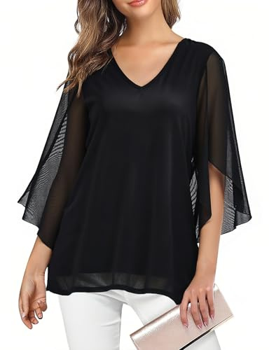 Enmain Camicia Nera Donna Elegante Volant Scollo a V 3/4 Manica Blusa Abbigliamento Donna Curvy Fiori Leggero Casual Estiva Primaverile Top 2XL