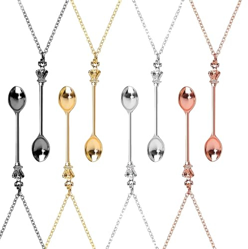 Koprek 8 Pcs Spoon Necklace Tiny Snuff Spoon Pendant, Long Chain Mini Coke Spoon Charm Necklace Set for Women Girl Jewelry Accessory Gift(Silver,Gold,Rose Gold,Black)