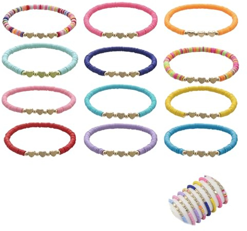 MustuVerve 12Pcs Friendship Bracelets, Jewellery Gifts Preppy Heart Set Adjustable Colorful Beaded Bracelet Back to School Gifts Stackable Layering Boho Party Bag Fillers for Girls Women