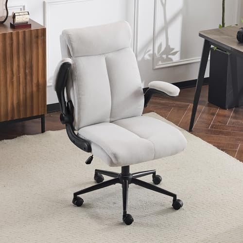 Bonnlo Ergonomischer Bürostuhl, Schreibtischstuhl mit hochklappbarer Armlehne, Computerstuhl, Drehstuhl, Wippfunktion 105°-120°, Höhenverstellbar, Drehbar, 150KG Belastbarkeit (Leinen, Hellgrau)