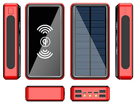 Batterie Externe Solaire 100 000 mAh, Chargeur Solaire sans Fil avec 4 Sorties, 3 entrées et Lampe de Poche LED, Chargeur Portable pour Smartphones et périphériques USB.