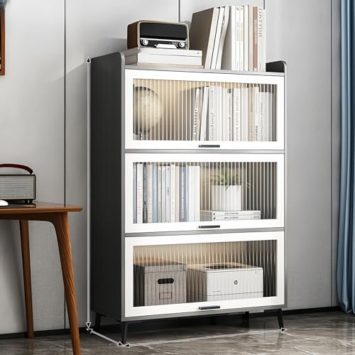 Bücherregal mit erhöhten Metallbeinen und Acryl-Klapptüren, mehrere Höhen, Eckvitrine, stilvolle Aufbewahrungslösung für Bücher (80 x 130 cm)