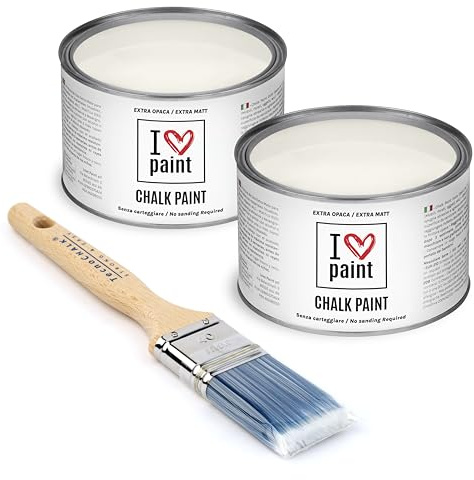 I Love Chalk Paint Bianco Antico – Set Risparmio 2 Barattoli + Pennello – 750 ml totali – Vernice Effetto Gesso per Mobili – Chalk Paint Pittura Tutto Senza Carteggiare