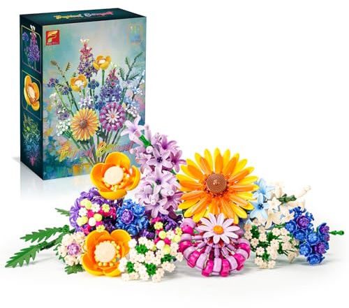 16 Wildblumen Set Blumenstrauß Bausteine, Klemmbausteine Blumen 1183 Stück | Blumen Bauspielzeugset für Erwachsene, Botanicals Home Deko, Geburtstag Geschenk für Frauen Männer Jungen Mädchen