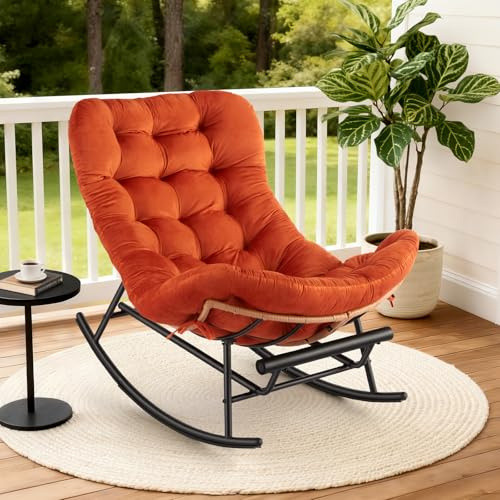 Takywep Rattan Rocking Chair with Detachable Flannel Cushion and Extendable Footrest – Papasan Chair with Cozy Seating for Porch, Lawn, Bedroom & Living Room, Orange